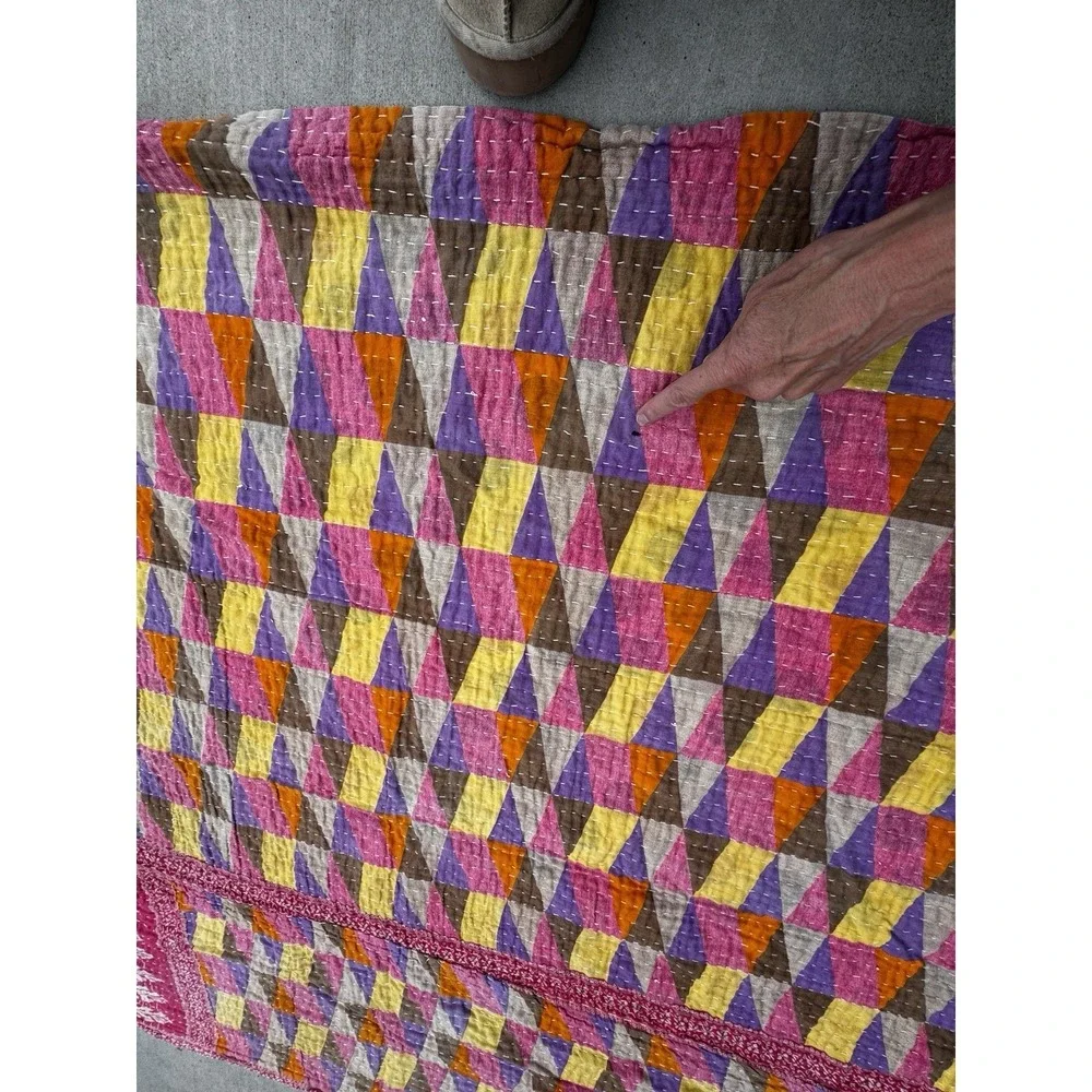 Handmade Kantha Quilt Throw Blanket Reversible Parchwork Boho Cottagecore 48x86